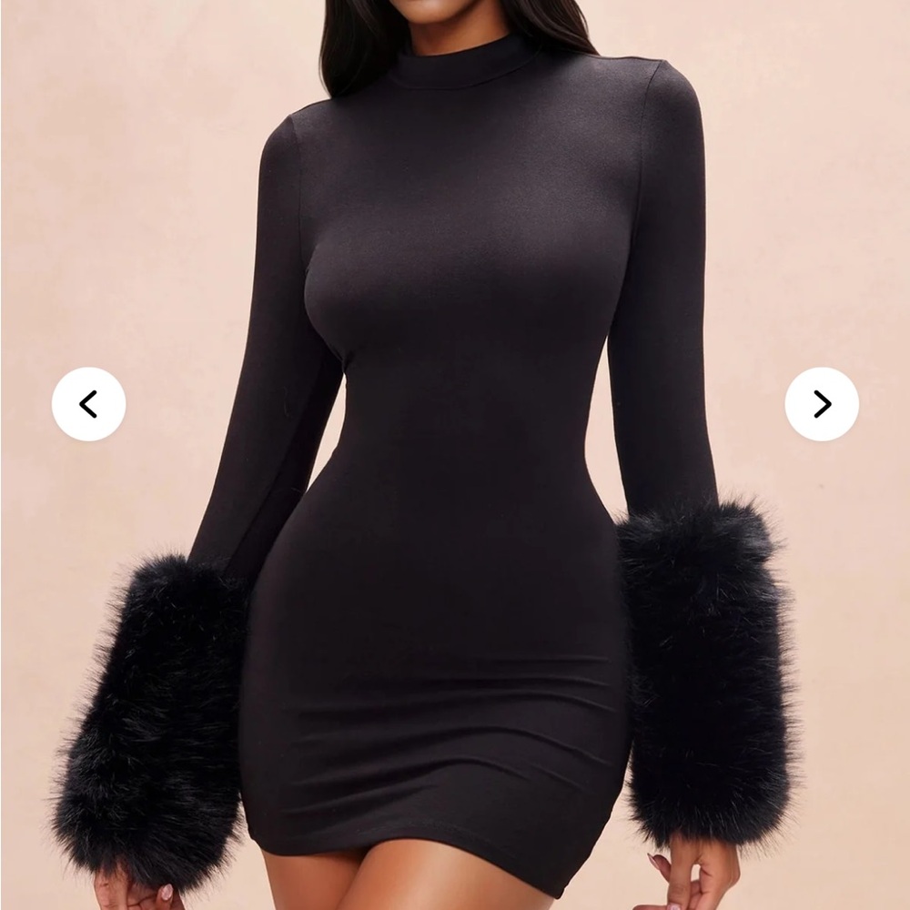 Fashion Nova Black Long-Sleeve Bodycon Mini with Faux Fur Cuffs
